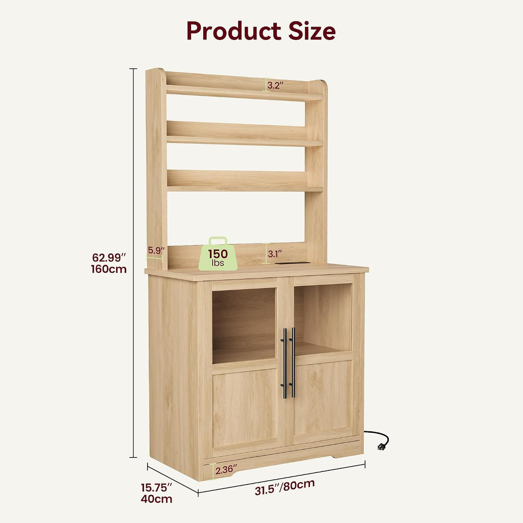 Farmhouse Bakers Rack with Charging Station & Glass Door Cabinet, Rustic Wood Microwave Stand Coffee Hutch for Kitchen, Living & Dining Room