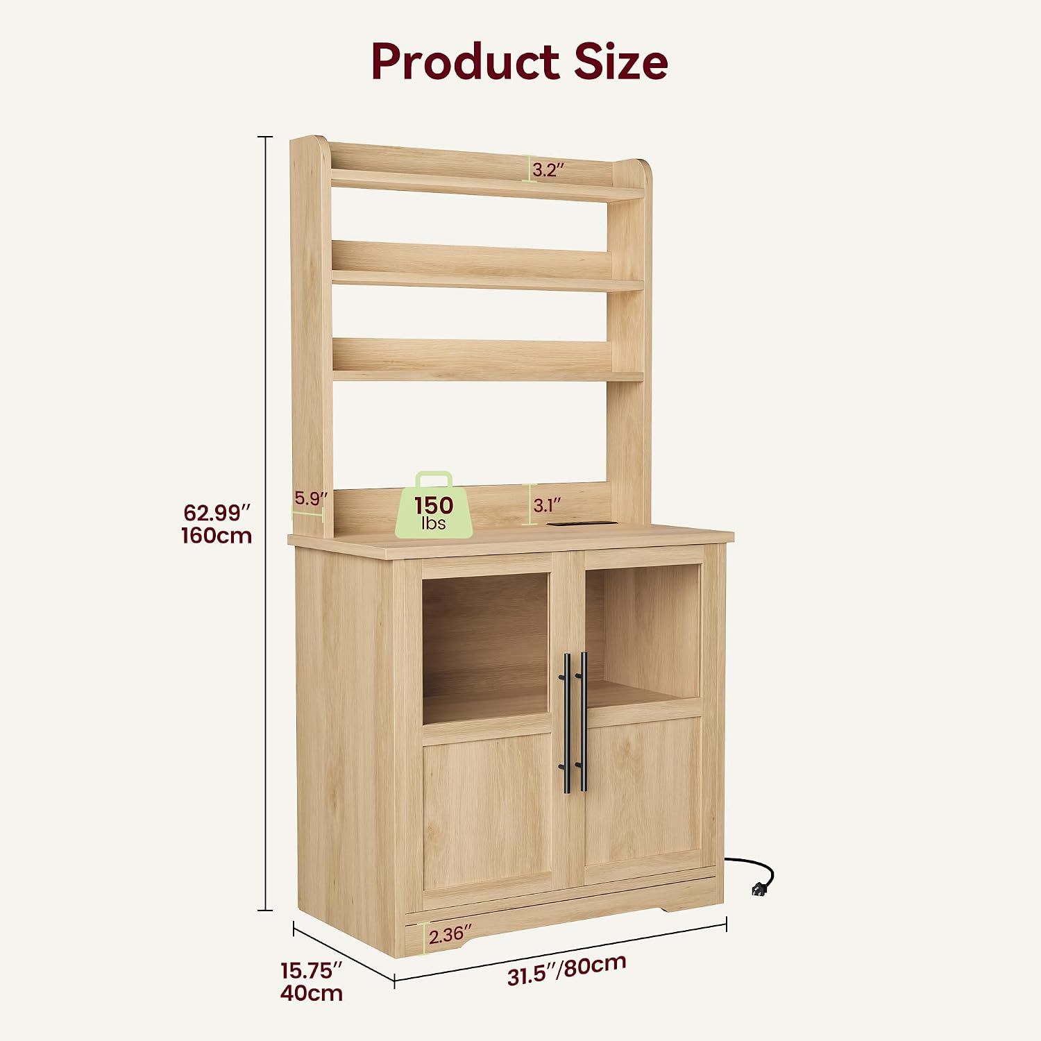 63' Bakers Rack with Storage & Charging Station, Farmhouse Coffee Bar Cabinet, Tall Wooden Microwave Stand with Storage Hutch & 2 Glass Doors for Dining Room, Natural Wood