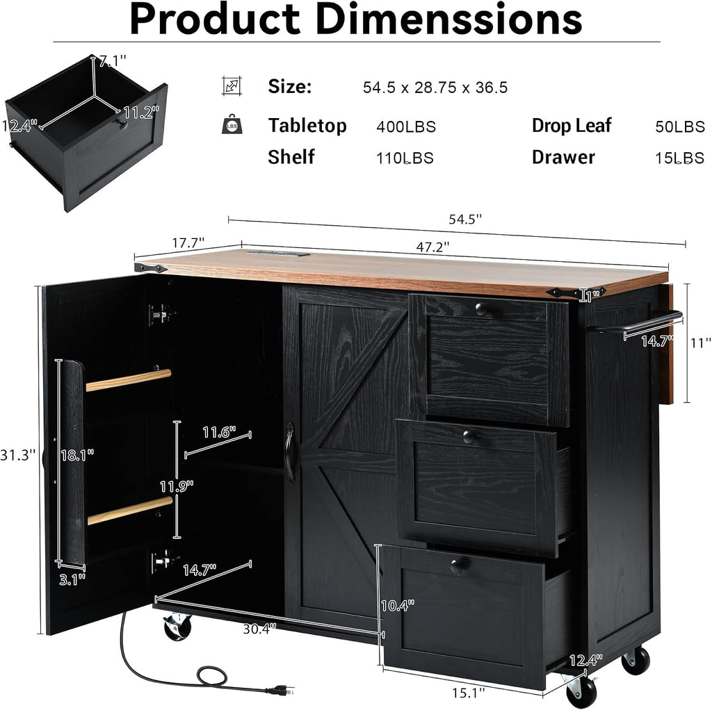 Farmhouse Kitchen Island with Power Outlet, Drop Leaf, Spice Rack and Drawer,Rolling Kitchen Cart on Wheels,Kitchen Storage Island for Home Dining Room (Black/p2)