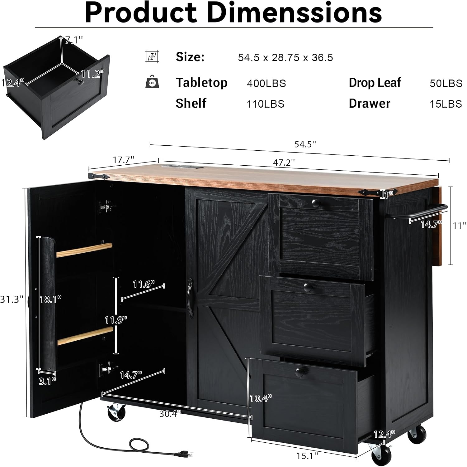 Farmhouse Kitchen Island with Power Outlet, Drop Leaf, Spice Rack and Drawer,Rolling Kitchen Cart on Wheels,Kitchen Storage Island for Home Dining Room (Black/p2)