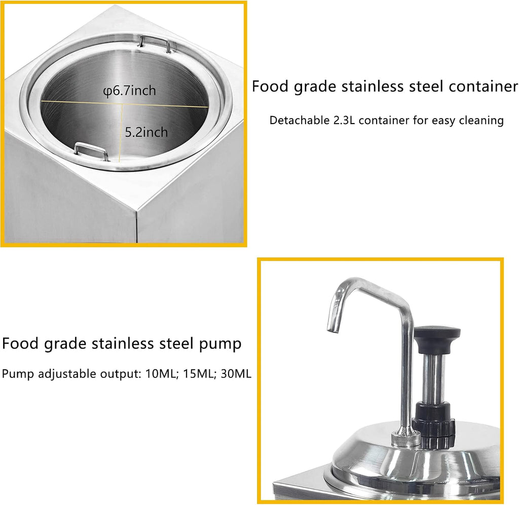 650W Electric Hot Fudge Warmer,Cheese Dispenser with Pump,2.3L Cheese Sauce Warmer Pump Dispenser,Stainless Steel Cheese Pump Dispenser for Fudge Cheese Caramel (B)