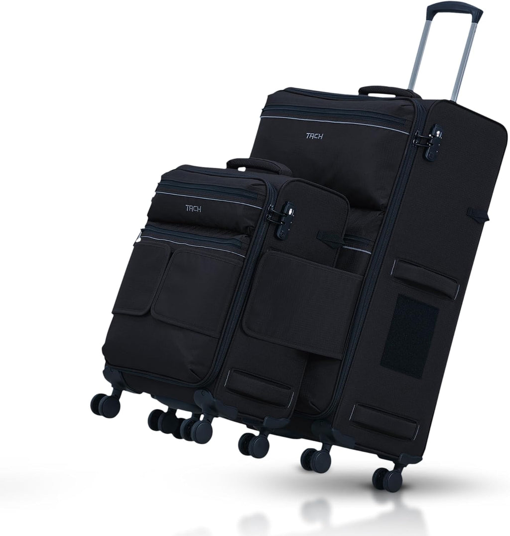 TACH LITE Samba Soft Connectable 2 Piece Luggage Sets - 20 & 28 inch Luggage | Small Carry On & Large Checked Suitcases | Patented Built-In Connecting System | Rolling Suitcase Links 6 Bags (Black)