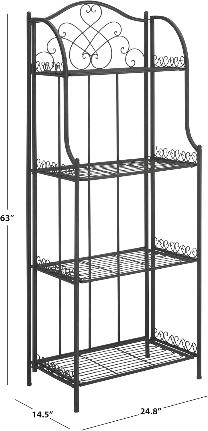 SAFAVIEH Outdoor - Amaris 4-Tier Bakers Rack - Black Iron Metal - Vintage Victorian Scrollwork - Ideal for Patio, Deck, Porch, Sunroom, 14.5' W x 25' D x 63' H (PAT5014E)