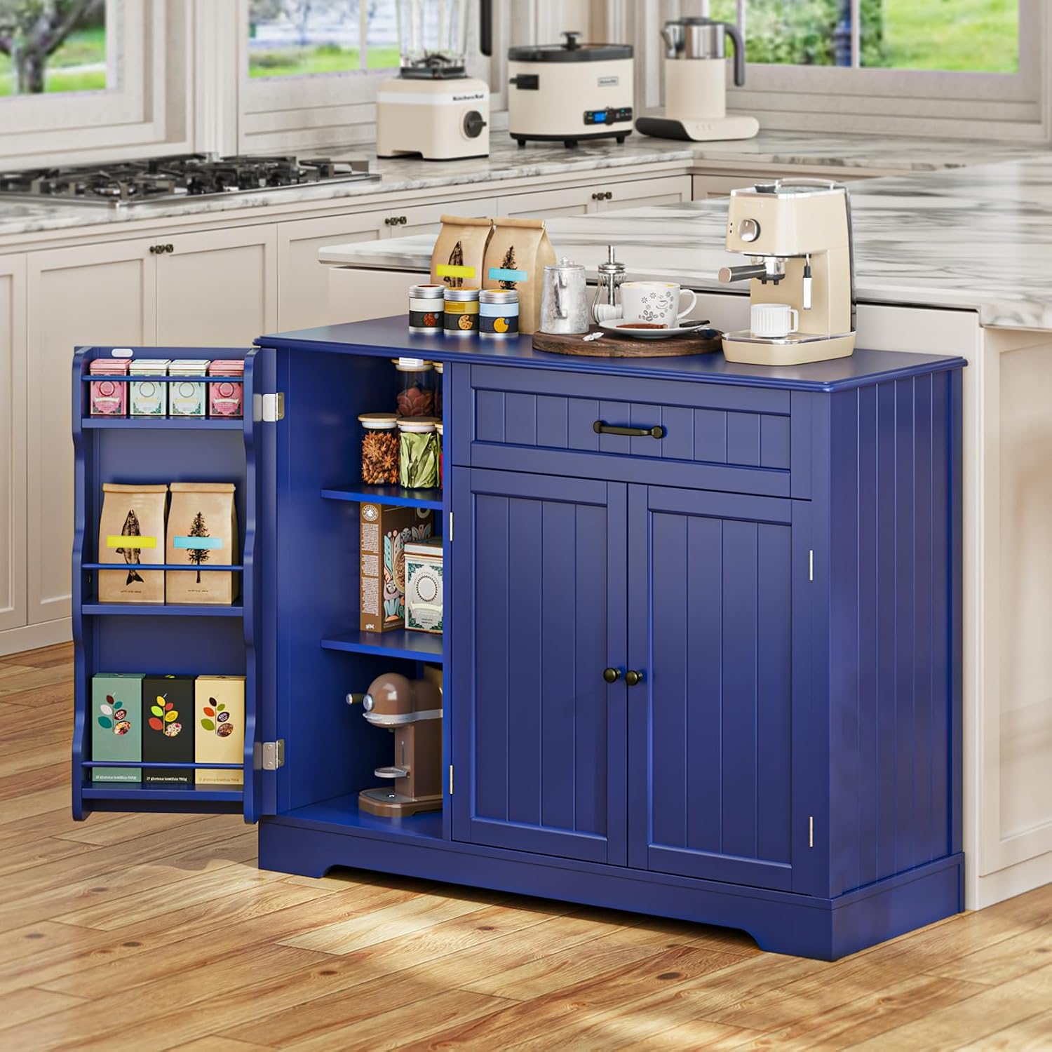 Gizoon Kitchen Sideboard Buffet Cabinet with Storage Small Coffee Bar Cabinet with Drawer, Kitchen Pantry Storage Cabinet with Door and Shelves for Bathroom and Living Room, Painted Navy Blue
