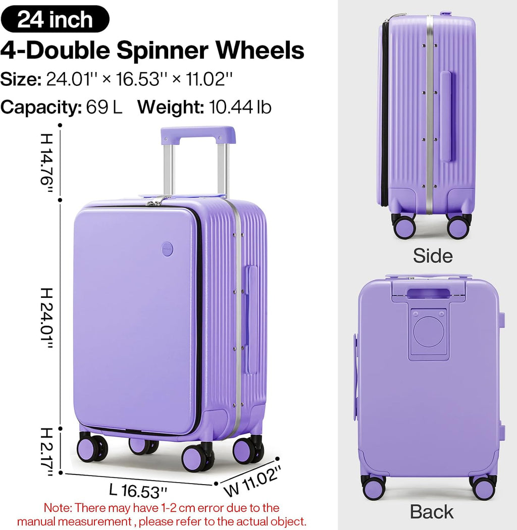 mixi Large Checked Luggage with Cup Phone Holder and Charger Hard Shell Suitcases with Spinner Wheels, 24 Inch Lilac Purple