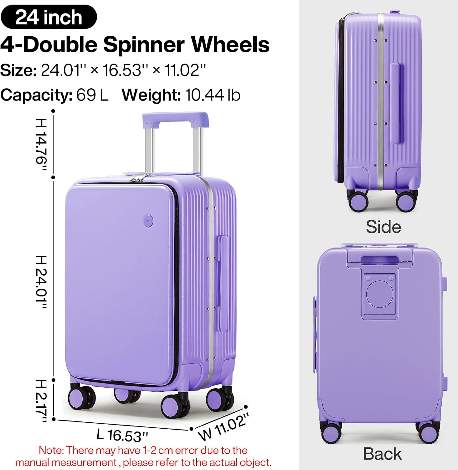 mixi Large Checked Luggage with Cup Phone Holder and Charger Hard Shell Suitcases with Spinner Wheels, 24 Inch Lilac Purple