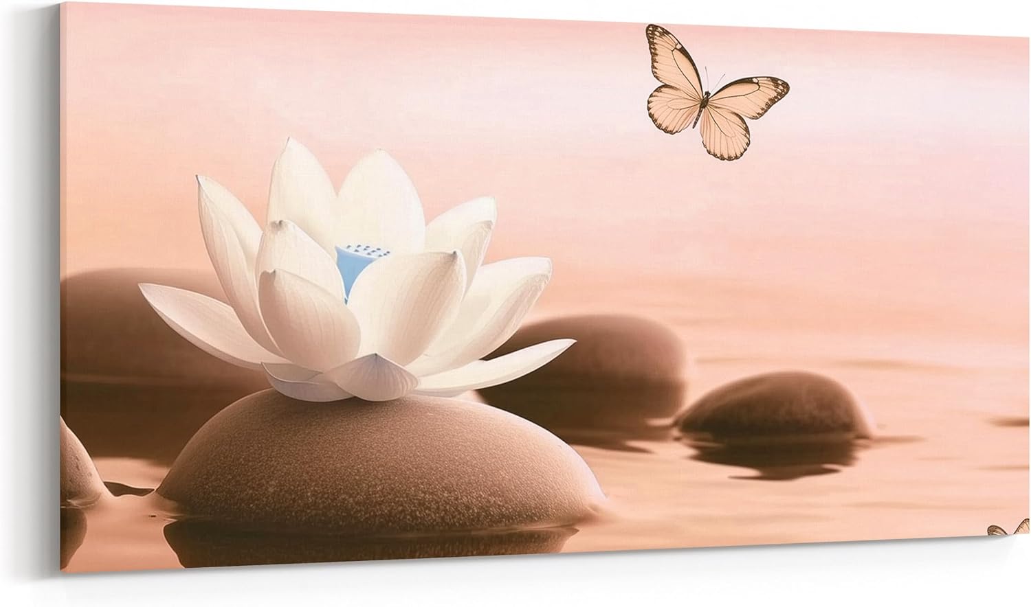 Erosebridal Lotus Water Lily Flower Canvas Wall Decor 58''X 29'',Butterfly Animal Artwork Poster,Zen Stone Simple Skin Color Pattern Large Wall Art