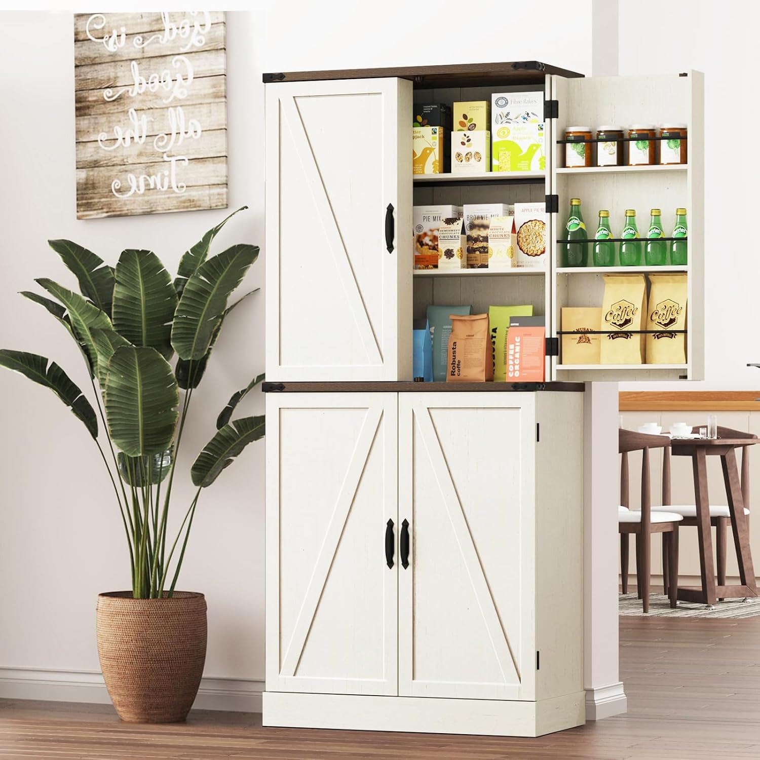 Farmhouse Kitchen Pantry Cabinet with 3 Drawers,71' Tall Rustic Wood Storage Cabinet with 6 Door Shelves,with Load-Bearing Steel Pipe,Pantry Organizers for Kitchen,Dining Room(Rustic Off White)