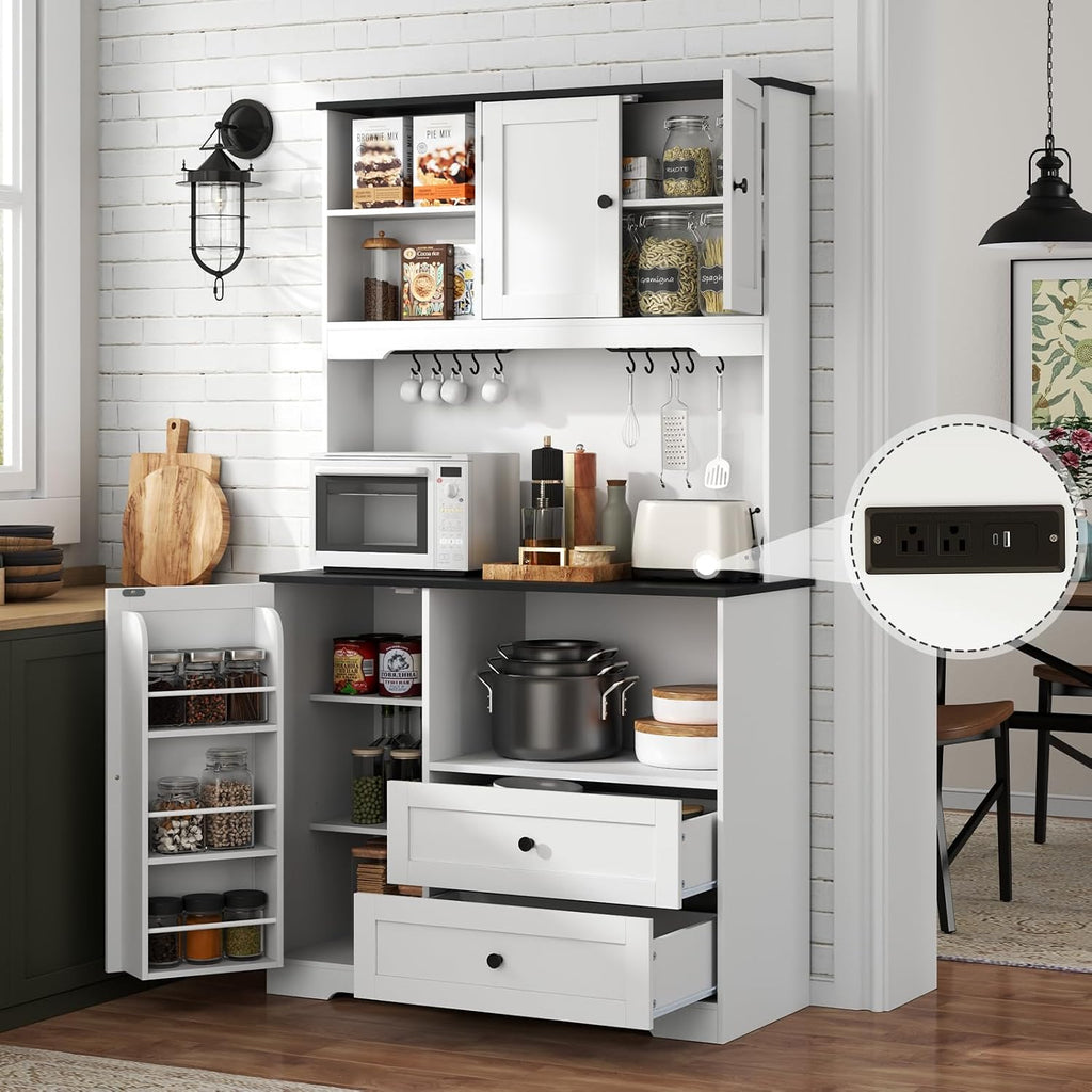 68'Tall Kitchen Pantry Storage Cabinet with Charging Station, Upgrade Pantry Cabinet with Doors & Shelves and Wine Glass Holder,Kitchen Hutch Cabinet with Microwave Stand for Kitchen (White+Black)