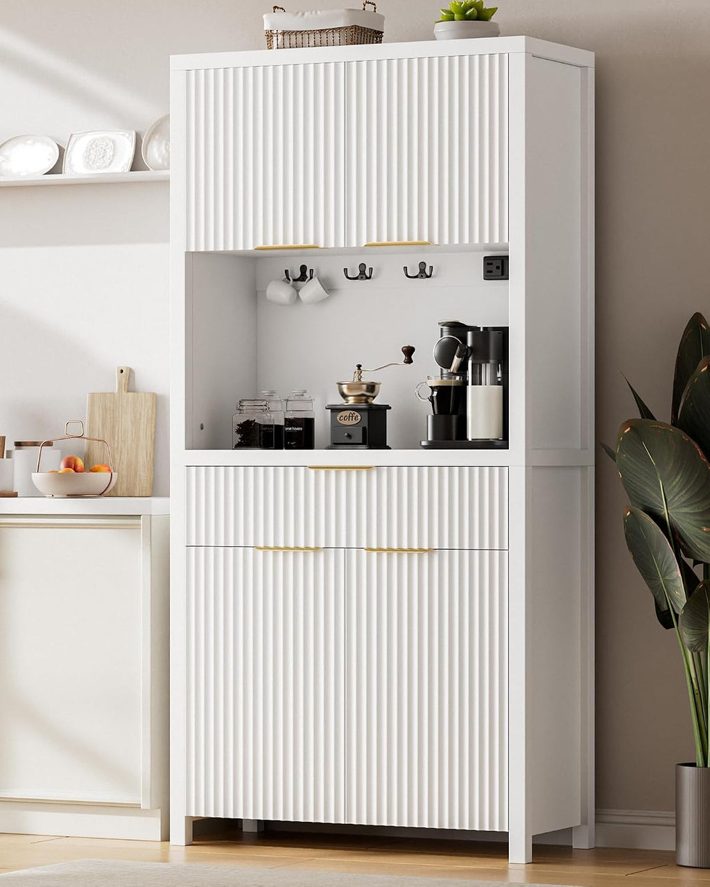 Lulive White Fluted Pantry Cabinet with Charging Station, Adjustable Shelves, Spacious Kitchen Storage Organizer with Open Countertop, Kitchen Hutch with Storage Drawers for Dining & Living Room