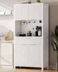 Lulive White Fluted Pantry Cabinet with Charging Station, Adjustable Shelves, Spacious Kitchen Storage Organizer with Open Countertop, Kitchen Hutch with Storage Drawers for Dining & Living Room