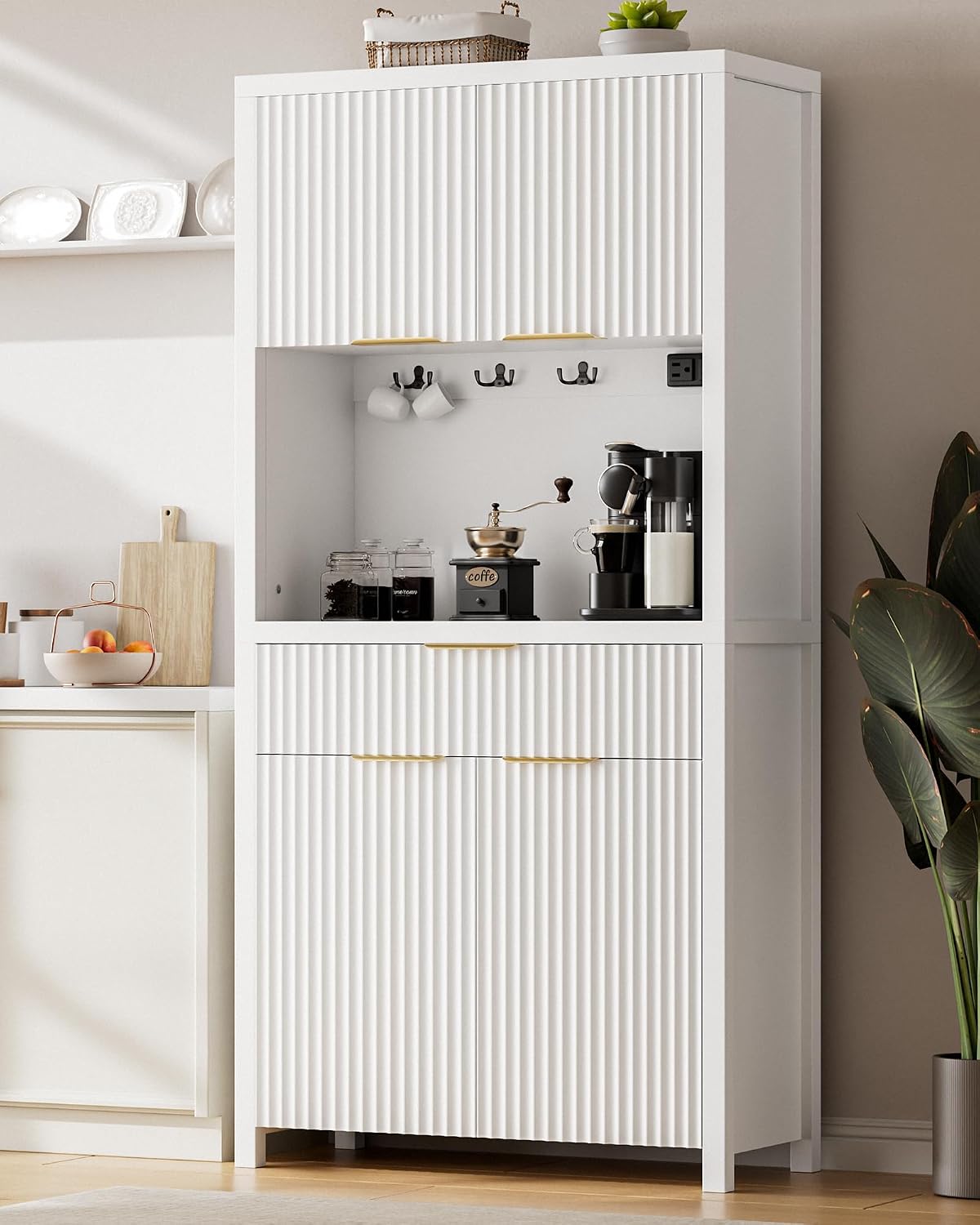 Lulive White Fluted Pantry Cabinet with Charging Station, Adjustable Shelves, Spacious Kitchen Storage Organizer with Open Countertop, Kitchen Hutch with Storage Drawers for Dining & Living Room