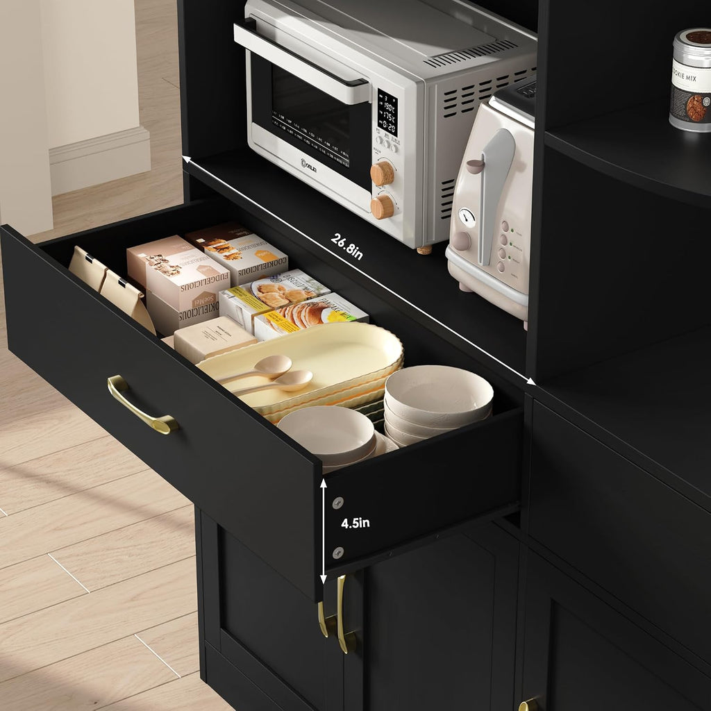 BOTLOG 67' Kitchen Pantry Cabinet, Modern Kitchen Hutch with 5 Doors and 2 Drawers, 3-Tier External Shelf, Large Pantry Storage Cabinet with Microwave Stand for Dining Room, Black