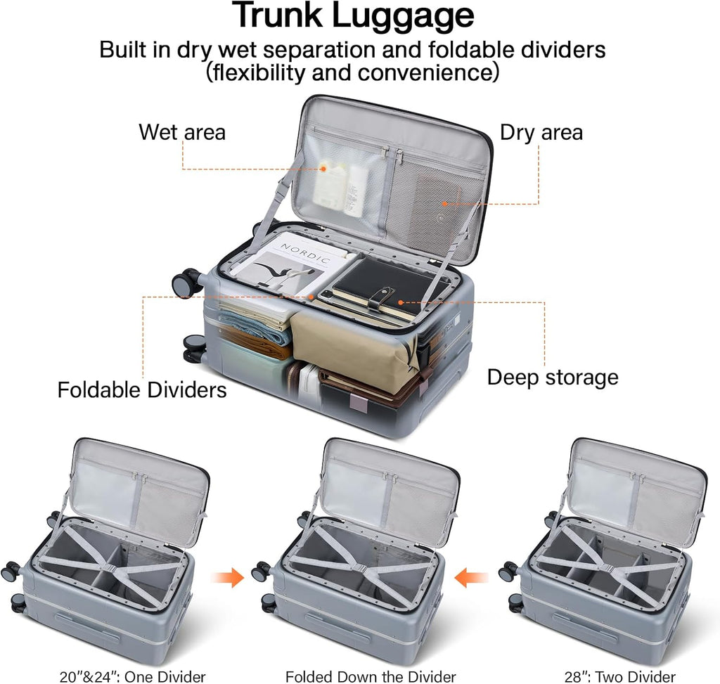 Hanke 24 Inch Checked Luggage with Cup Holder and USB Ports,Top Opening Hard Shell Suitcase with Wheels,Aluminum Frame Trunk Luggage with Foldable Dividers & TSA Lock for Travel, Gray