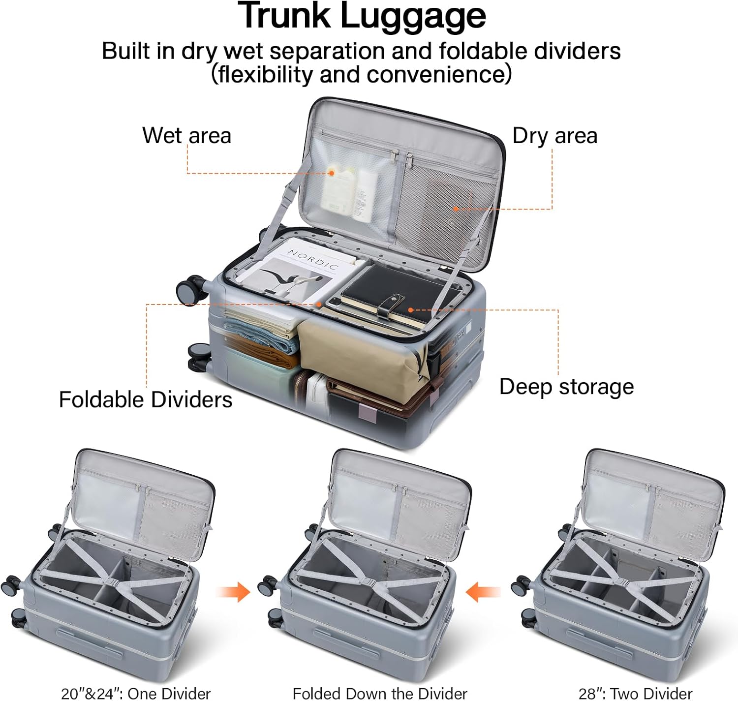 Hanke 24 Inch Checked Luggage with Cup Holder and USB Ports,Top Opening Hard Shell Suitcase with Wheels,Aluminum Frame Trunk Luggage with Foldable Dividers & TSA Lock for Travel, Gray