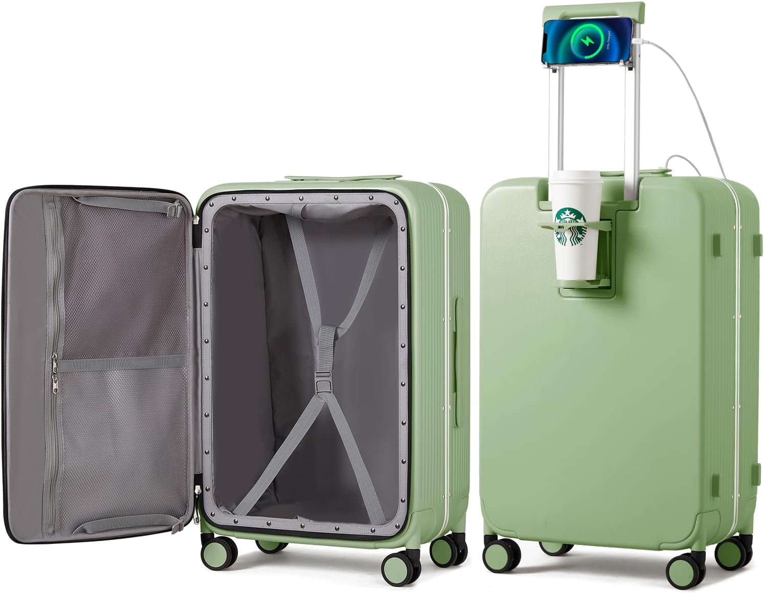 mixi Checked Luggage with Cup Phone Holder and Charger Hard Shell Suitcases with Spinner Wheels, 24 Inch Avocado Green