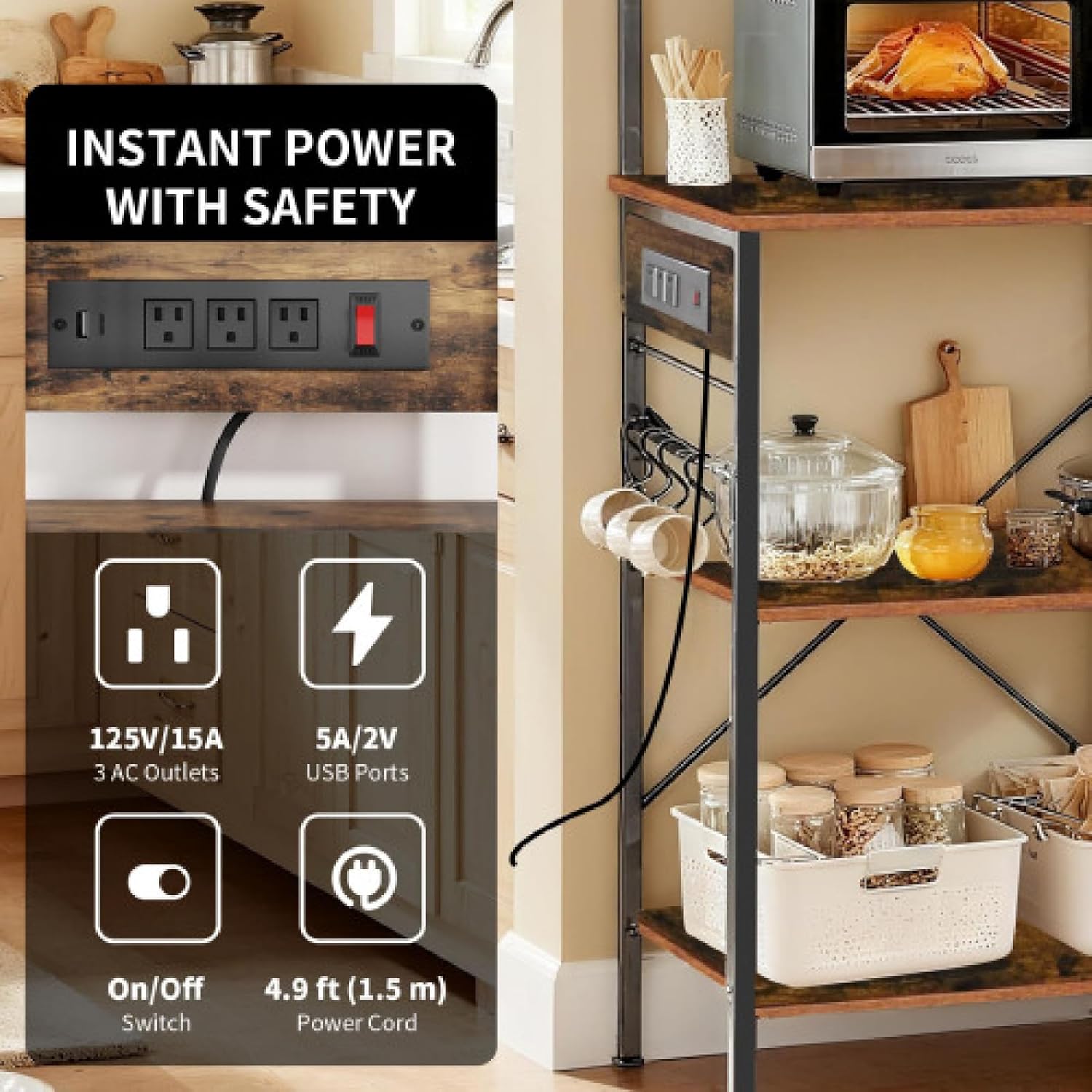 Kitchen Bakers Rack with Power Outlet Microwave Stand Freestanding Coffee Bar with Wire Basket Metal Bakers Rack for Spices Pots