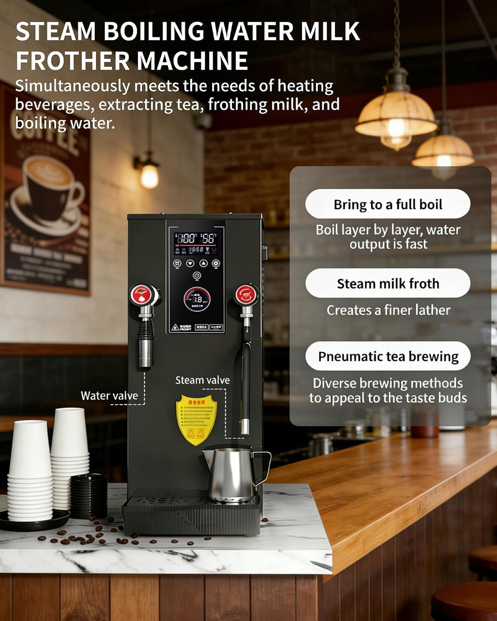 Commercial Hot Water Dispenser, 2500W Milk Frother, 12L Stainless Steel Water Dispenser with LED Display, for Latte, Cappuccino, Coffee, Hot Chocolate, Milk Tea Foam, Hot Water Dispenser