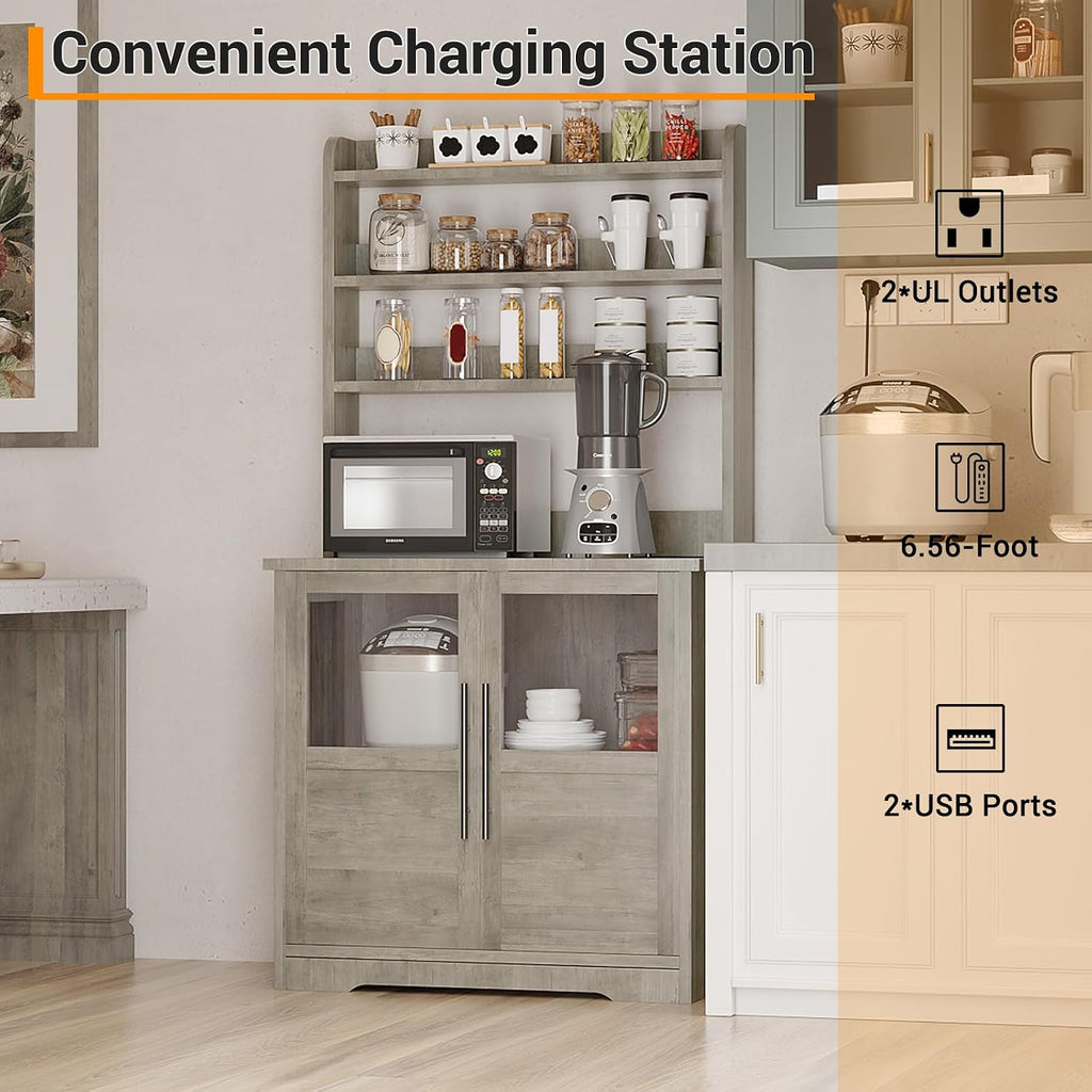 Microwave Stand Bakers Rack Cabinet with Power Outlet and Thickened Counter, Freestanding Farmhouse Coffee Bar Cabinet, Tall Kitchen Pantry Hutch with Glass Doors for Dining Room