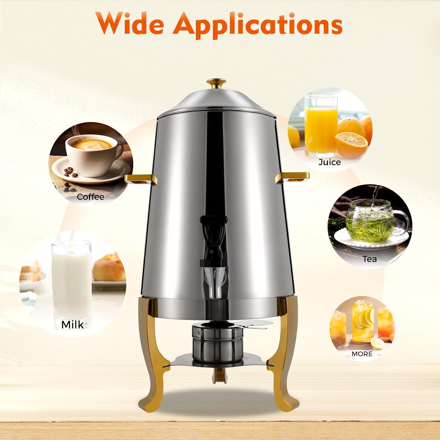 13L/3.5 Gallon Hot Beverage Dispenser, Electric Stainless Steel Coffee Chafer Urn, Fuel Tray Holder, Drink Dispenser with Gold Accent and Ice Container for Hot & Cold Drinks, Party Event Buffet
