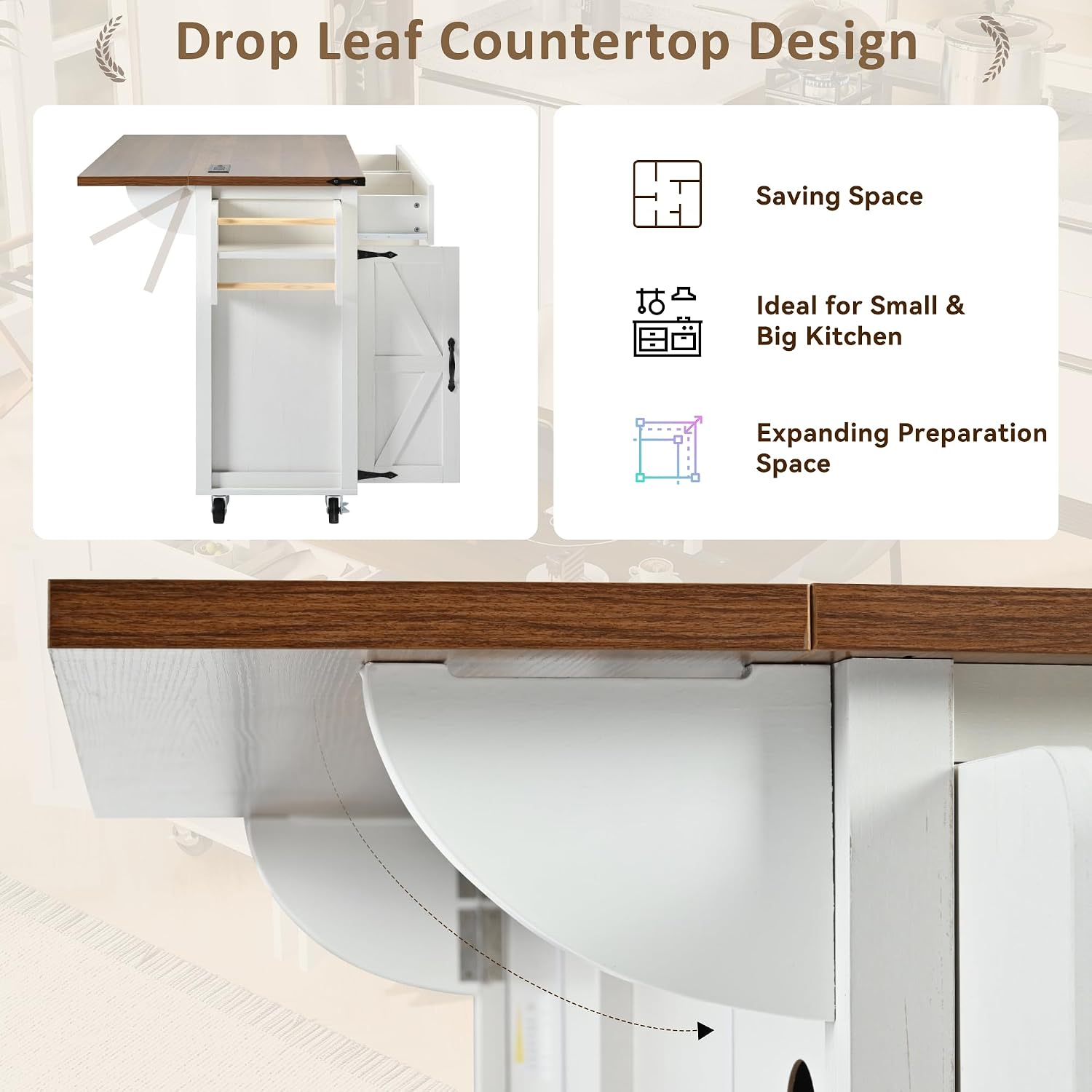 53.5' Farmhouse Rolling Kitchen Island Cart on Wheels with Power Outlet, Kitchen Storage Island with Drop Leaf, Spice Rack and Drawer for Dining Room Kitchens Living Room White