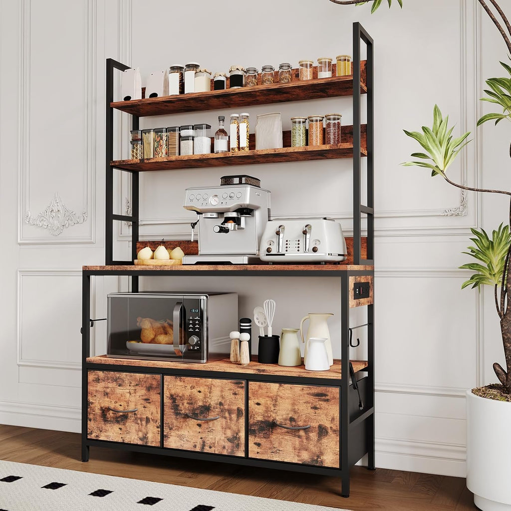 5 Tier Free Standing Baker Rack with Power Outlet, Kitchen Bakers Rack with Drawers + Hooks, Bakers Racks for Kitchens for Oven, Bread Maker, Juicer, Spice-Cans Storage, Easy to Assemble