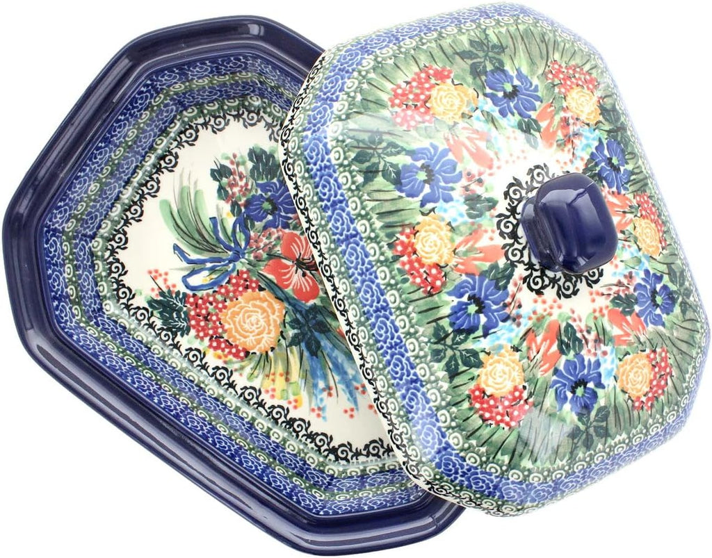 Blue Rose Polish Pottery - Blue Summer Blooms Medium Covered Baker - 3 Cup Capcaity - Unique, Dishwasher Safe, & Durable Bakeware
