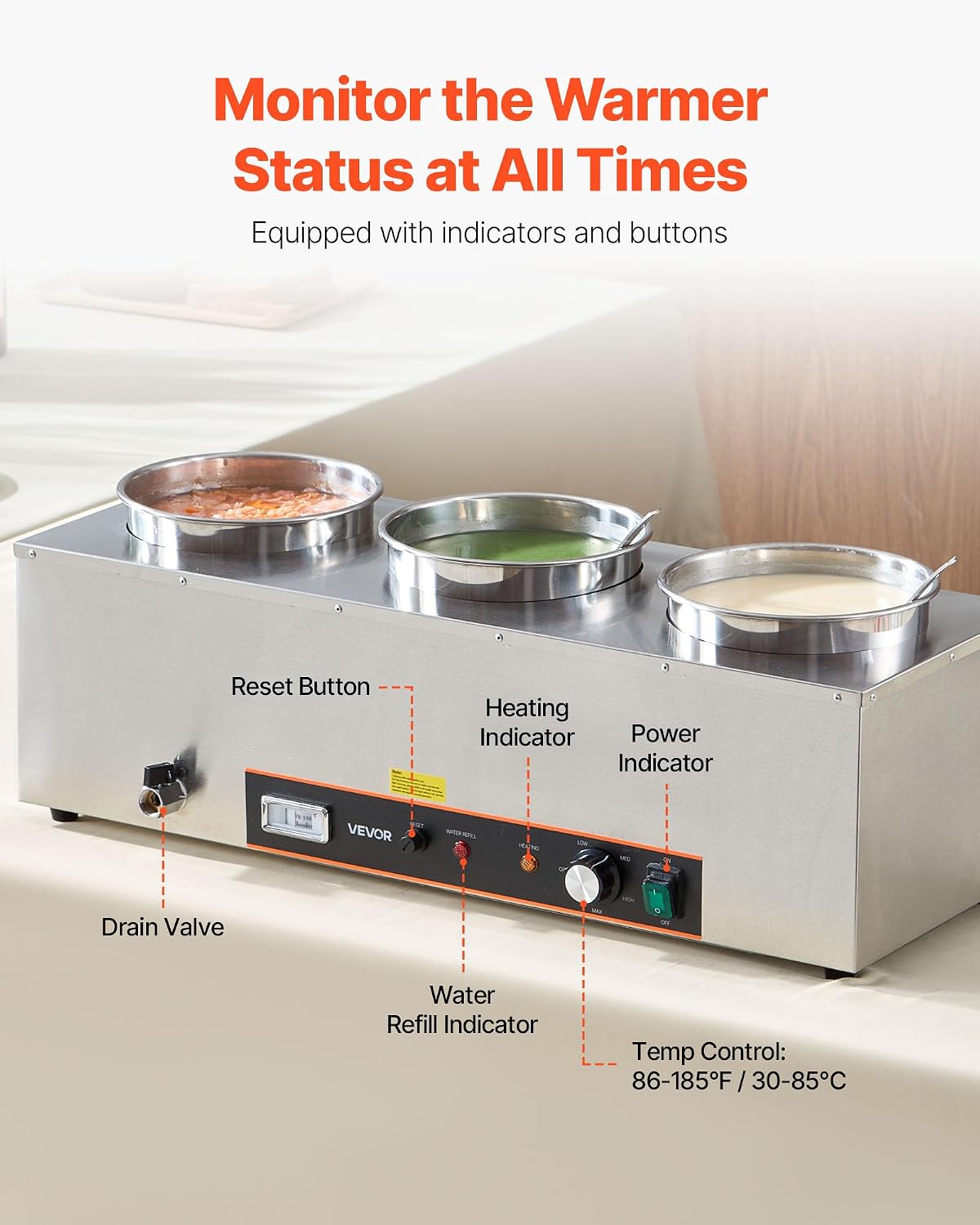 VEVOR Electric Soup Warmer, Three 6.34QT Stainless Steel Round Pot with 86~185°F Adjustable Temp, 1500W Commercial Bain Marie with Anti-Dry Burn and Reset Button, Soup Station for Restaurant, Buffet