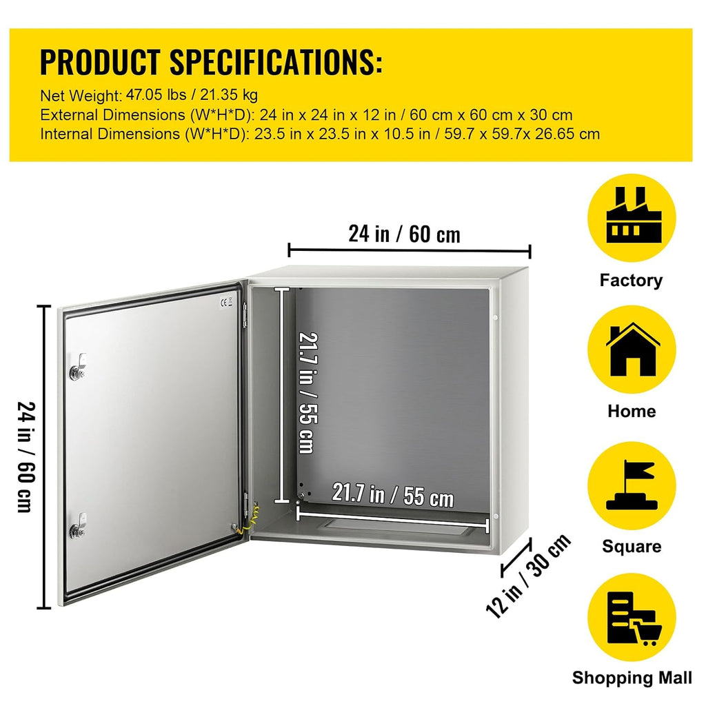 Happybuy NEMA Metal Case, 24x24x12'' NEMA 4X Metal Electric Enclosure, IP66 Water & Dust Resistant, Ideal for Both Outdoor & Indoor Applications, Comes with Mounting Plate