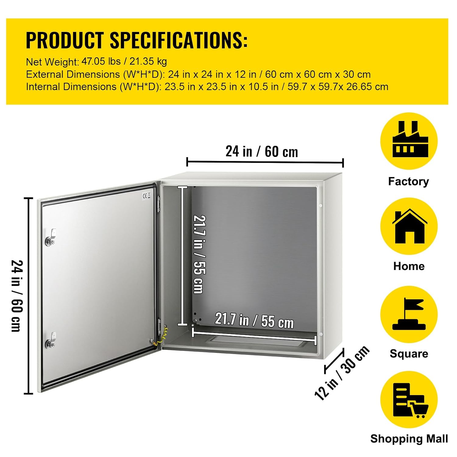Happybuy NEMA Metal Case, 24x24x12'' NEMA 4X Metal Electric Enclosure, IP66 Water & Dust Resistant, Ideal for Both Outdoor & Indoor Applications, Comes with Mounting Plate