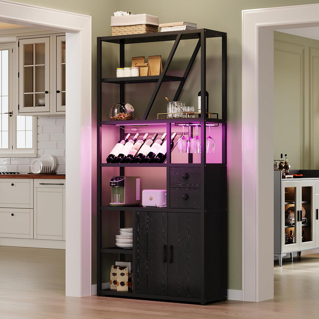 Tall Bar Cabinet with LED Lights and Power Outlets – Glass Holder, Wine Rack, 71.2'' Coffee Bar Station, Kitchen Bakers Rack, Microwave Stand – Black Frame + Black Wood Board
