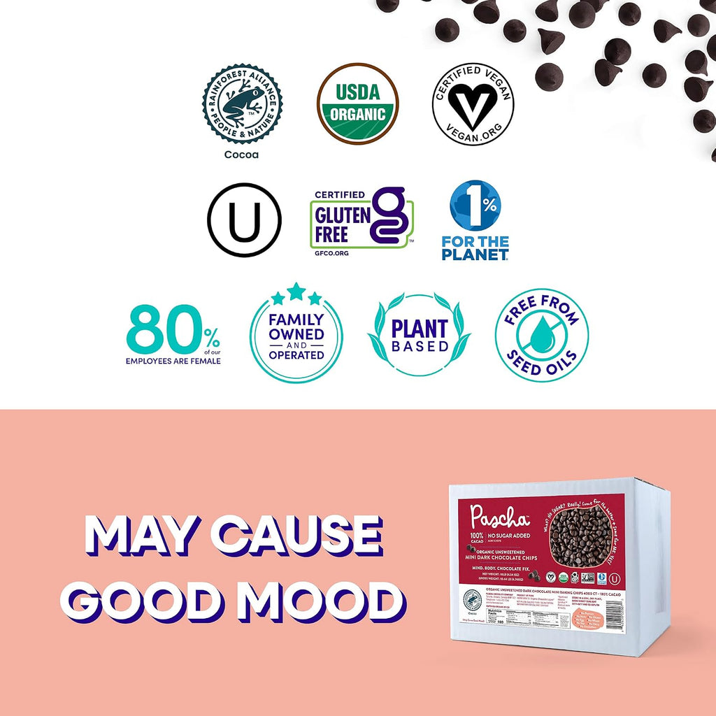 Pascha Organic 100% Cacao Mini Baking Chips - Unsweetened Dark Chocolate - Sugar-Free, Keto, Vegan Baking Chocolate - Single Ingredient, Rainforest Alliance Certified - Allergen-Free, (10 lbs)