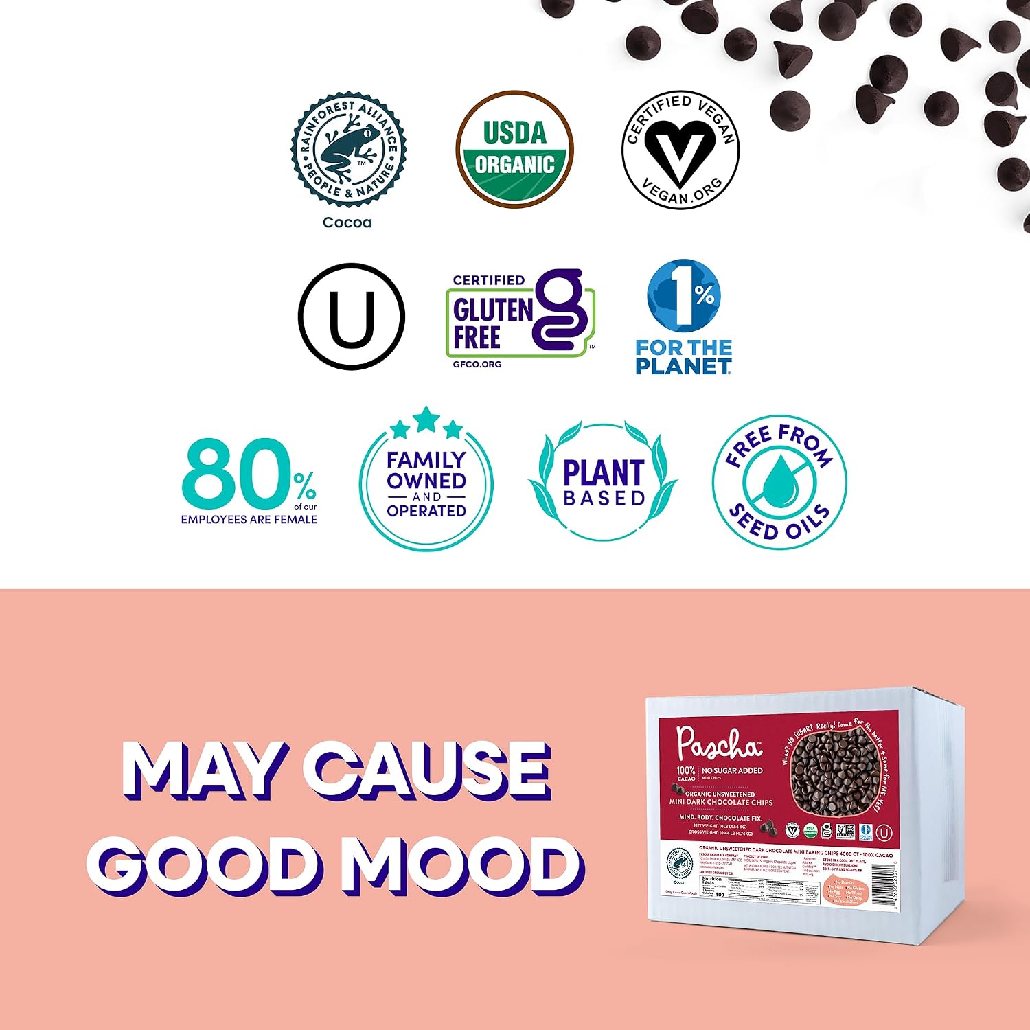 Pascha Organic 100% Cacao Mini Baking Chips - Unsweetened Dark Chocolate - Sugar-Free, Keto, Vegan Baking Chocolate - Single Ingredient, Rainforest Alliance Certified - Allergen-Free, (10 lbs)