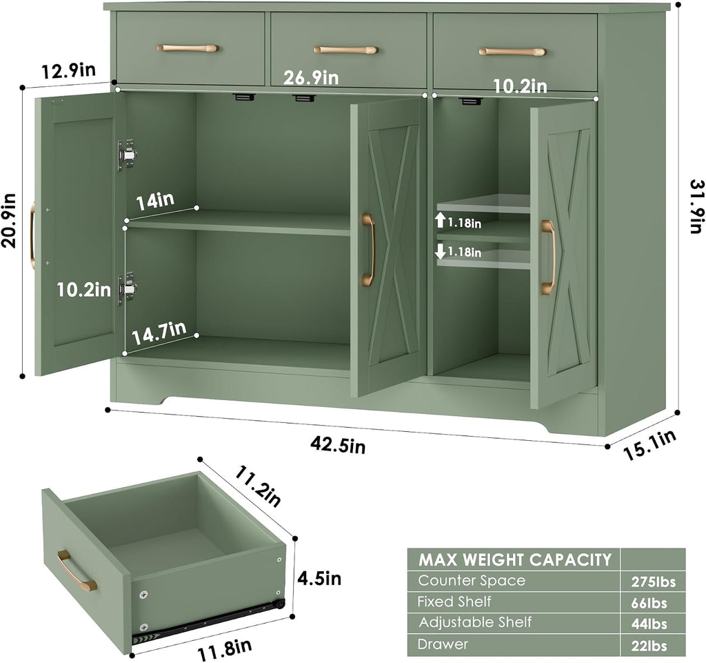 HOSTACK Modern Farmhouse Buffet Sideboard Cabinet, Barn Doors Storage Cabinet with Drawers and Shelves, Wood Coffee Bar with Storage for Dining Room, Kitchen, Living Room, Green