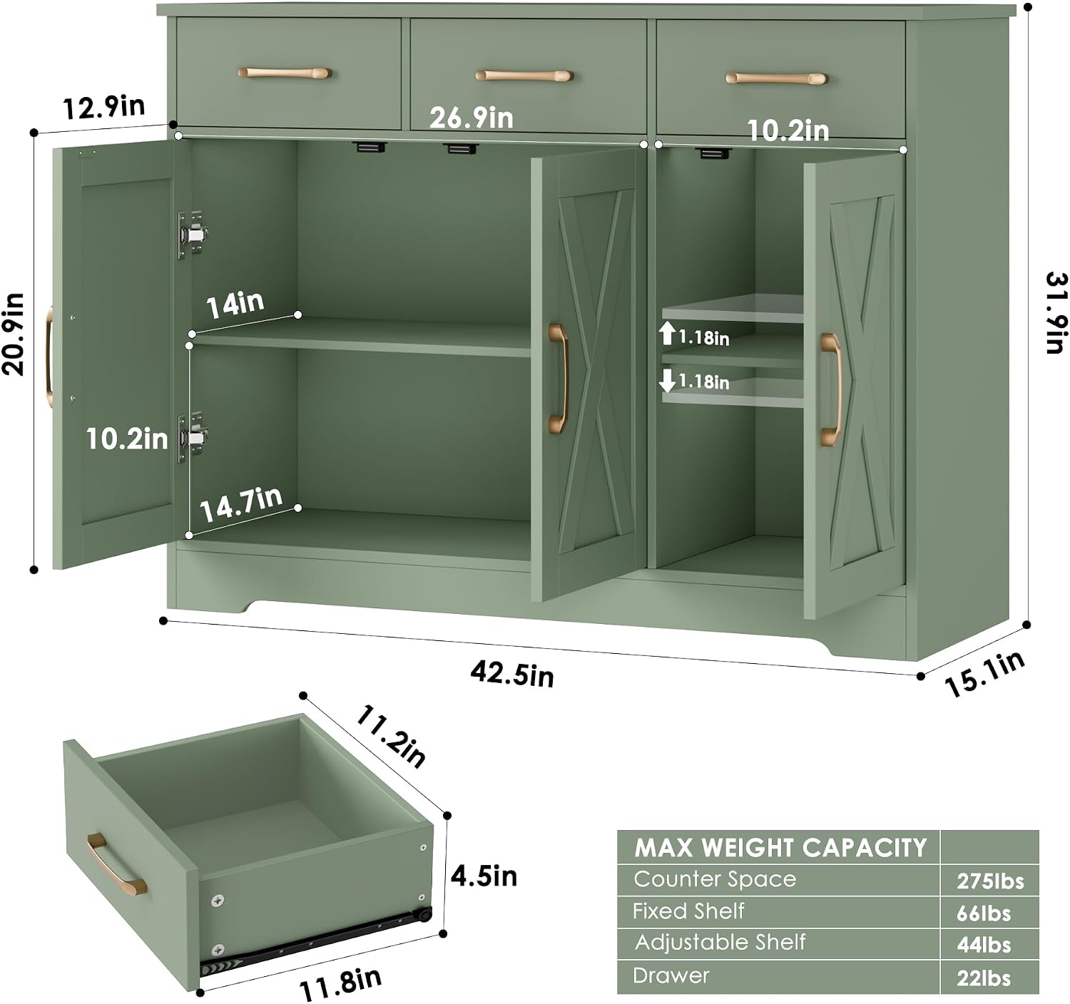 HOSTACK Modern Farmhouse Buffet Sideboard Cabinet, Barn Doors Storage Cabinet with Drawers and Shelves, Wood Coffee Bar with Storage for Dining Room, Kitchen, Living Room, Green
