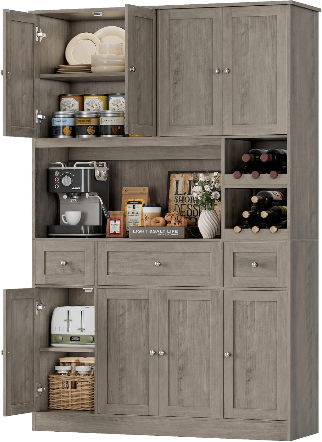 BOTLOG Pantry Organizers and Storage Cabinet, 72' Tall Kitchen Pantry Storage Cabinet with Microwave Stand, Wine Rack, Drawers and Adjustable Shelf for Dining Room, Living Room, Home BarAsh Grey