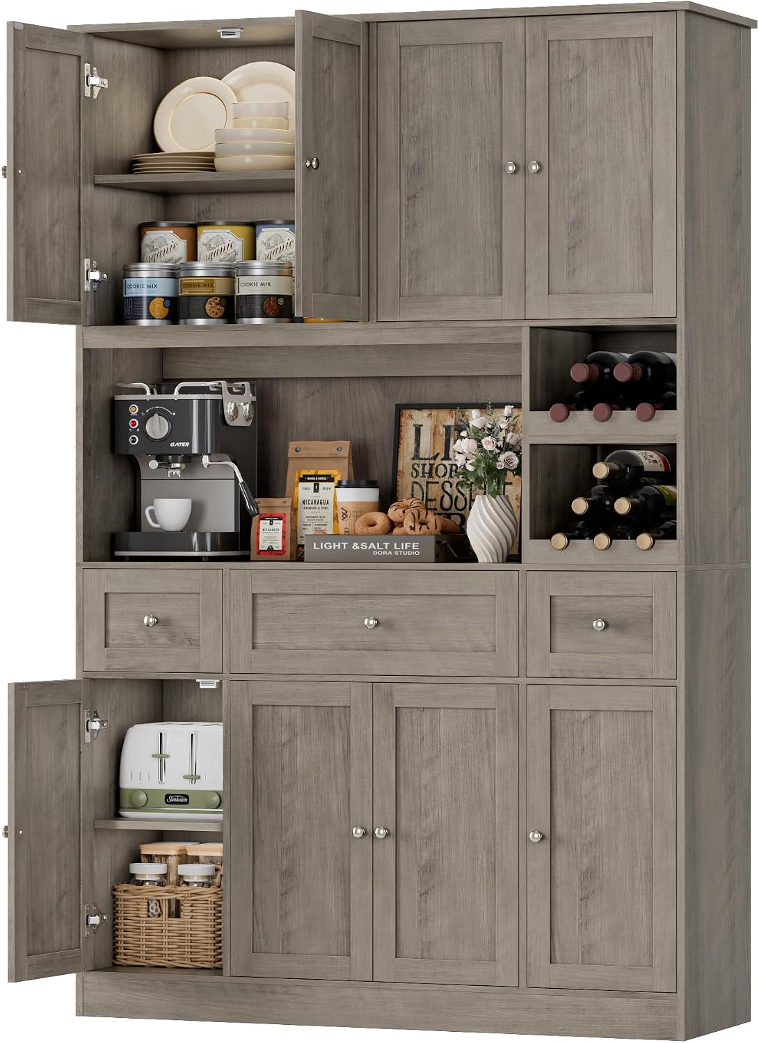 BOTLOG Pantry Organizers and Storage Cabinet, 72' Tall Kitchen Pantry Storage Cabinet with Microwave Stand, Wine Rack, Drawers and Adjustable Shelf for Dining Room, Living Room, Home BarAsh Grey