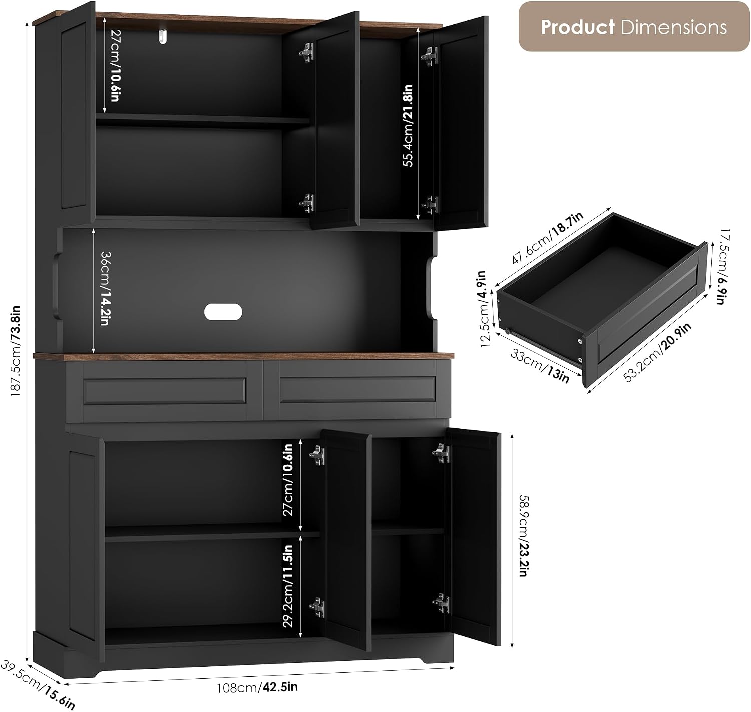 FACBOTALL 74' Pantry Cabinet, Tall Kitchen Pantry Cabinet with 6 Doors and 2 Drawers, Kitchen Hutch with Wide Countertop, Modern Kitchens Cupboard with Adjustable Shelves and Charge Holes, Black