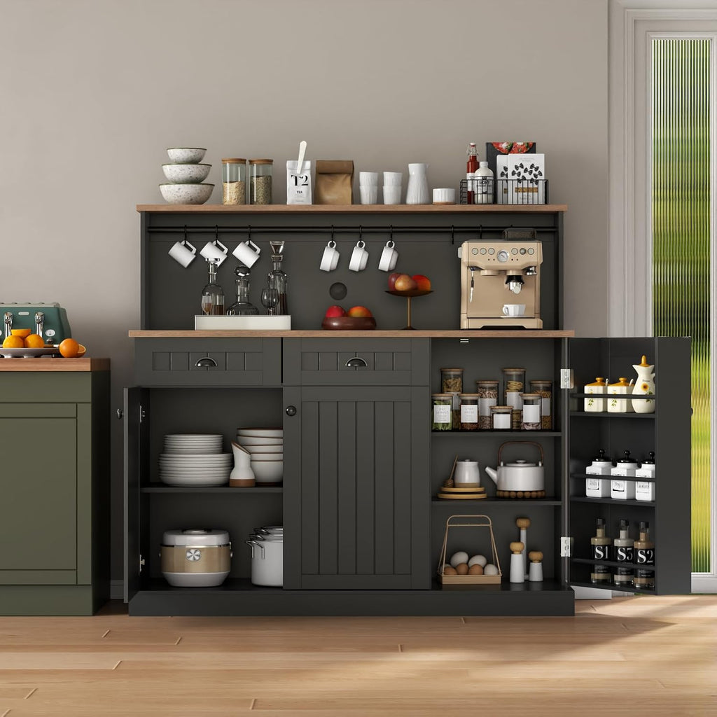 Gyfimoie Sideboard Buffet Cabinet with 2 Drawers, Farmhouse Kitchen Pantry with Adjustable Shelves, Coffee Bar Cupboard Cabinet with 3 Doors for Kitchen, Dining Room (Black)
