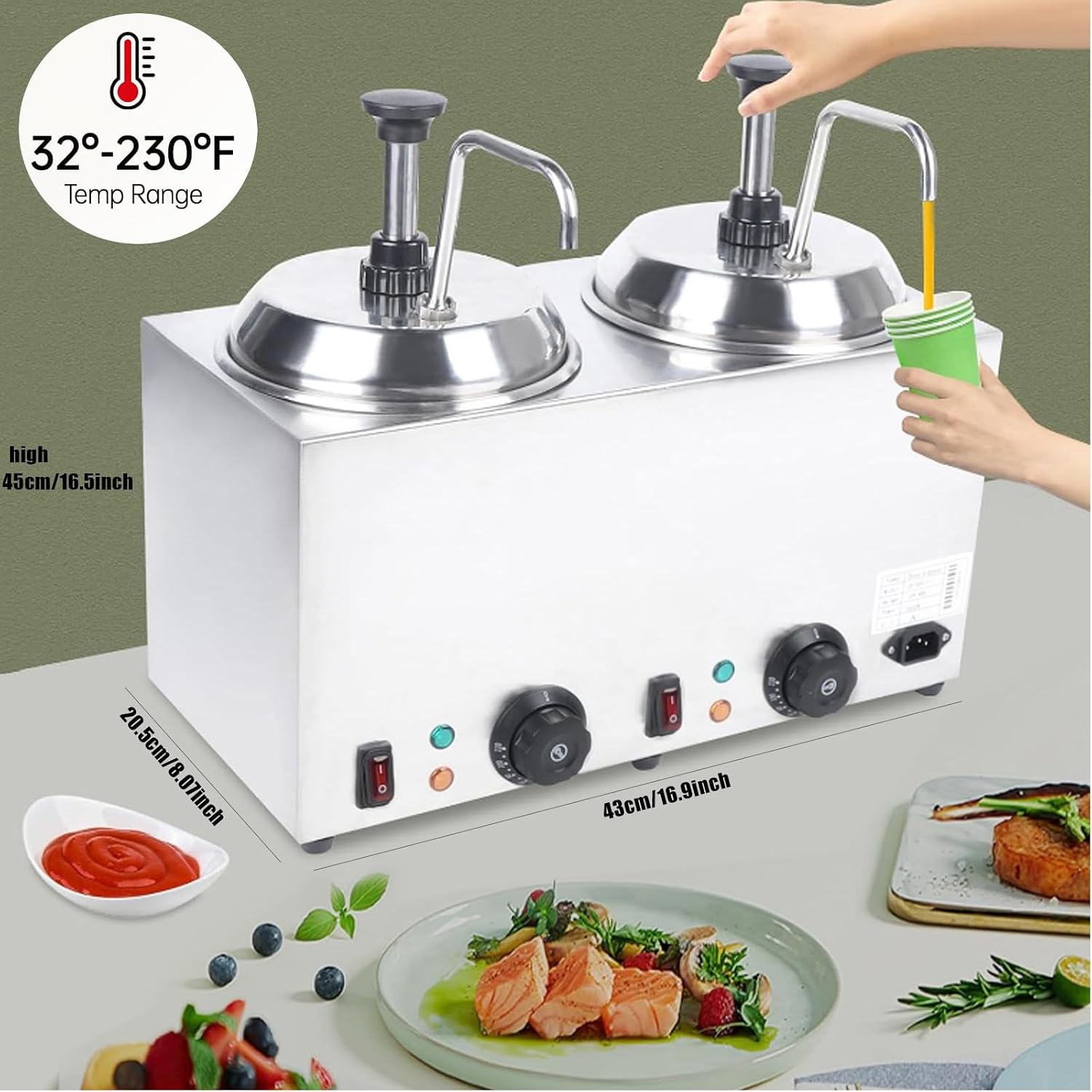 Cheese Dispenserwith 2 Pumps,2 x 2.5L Stainless Steel Hot Cheese Dispenser, Electric Seasoning Sauce Warmer,Temperature Control 32°-230°F for Home Restaurant Snack Bar