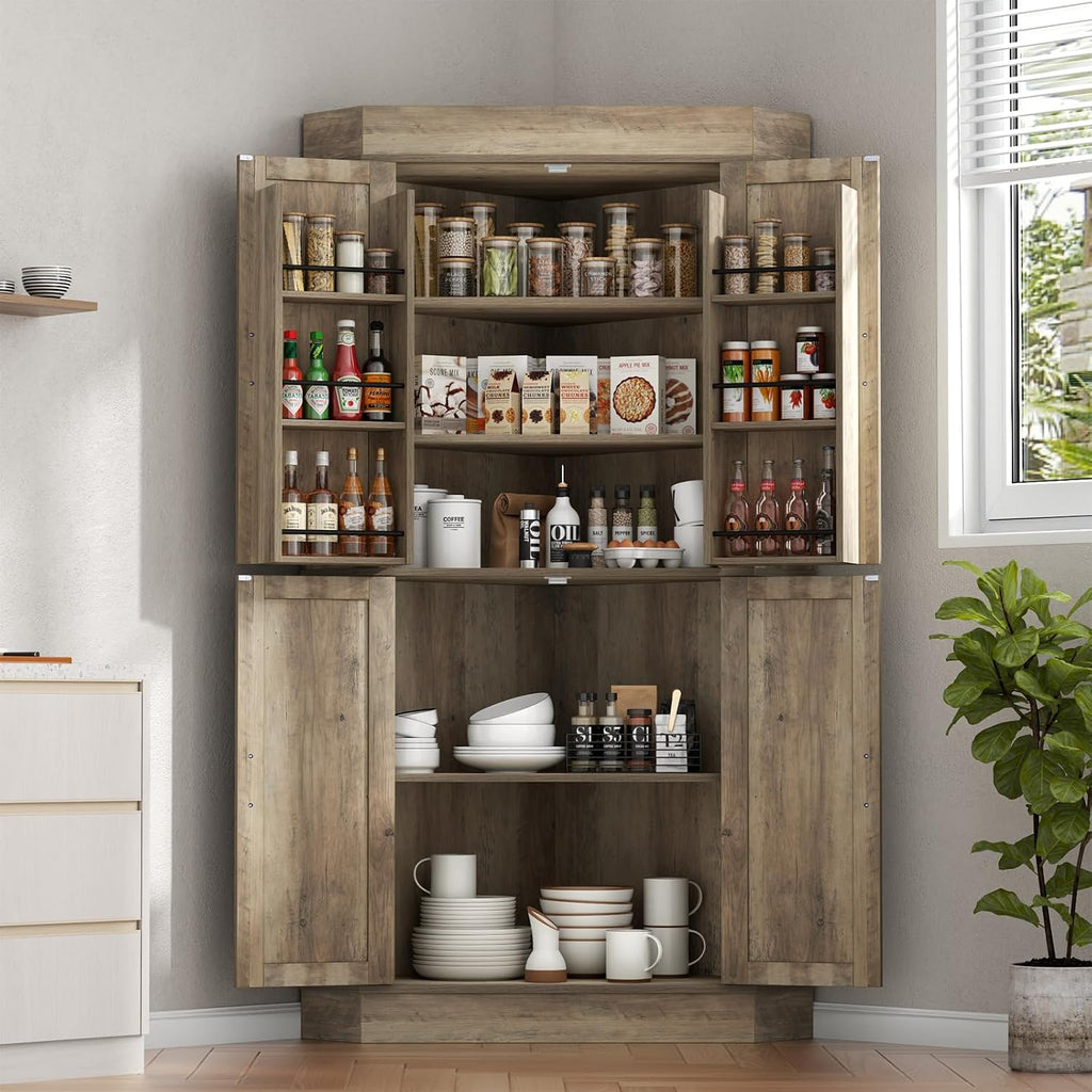 Gyfimoie Corner Cabinet,Kitchen Pantry Storage Cabinet,Freestanding Buffet Hutch with 4 Doors and Shelves,Tall Food Pantry Farmhouse Furniture with Side Rack for Kitchen Dining Room(Retro)