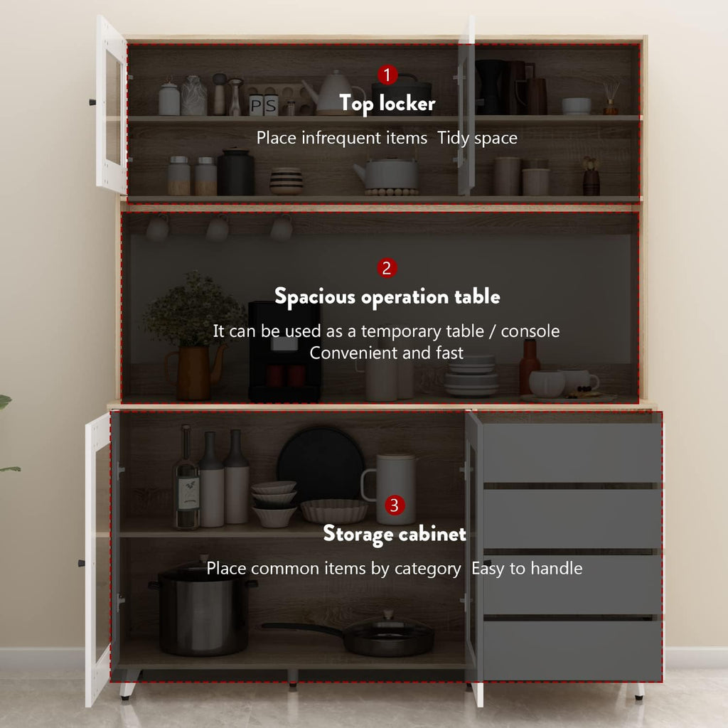AGOTENI Large Kitchen Hutch Cabinet, Storage Cupboard Pantry with 4 Glass Doors, 4 Drawers & Microwave Shelf, for Kitchen Open Storage, White/Oak (63' W x 15.7' D x 74.8' H)