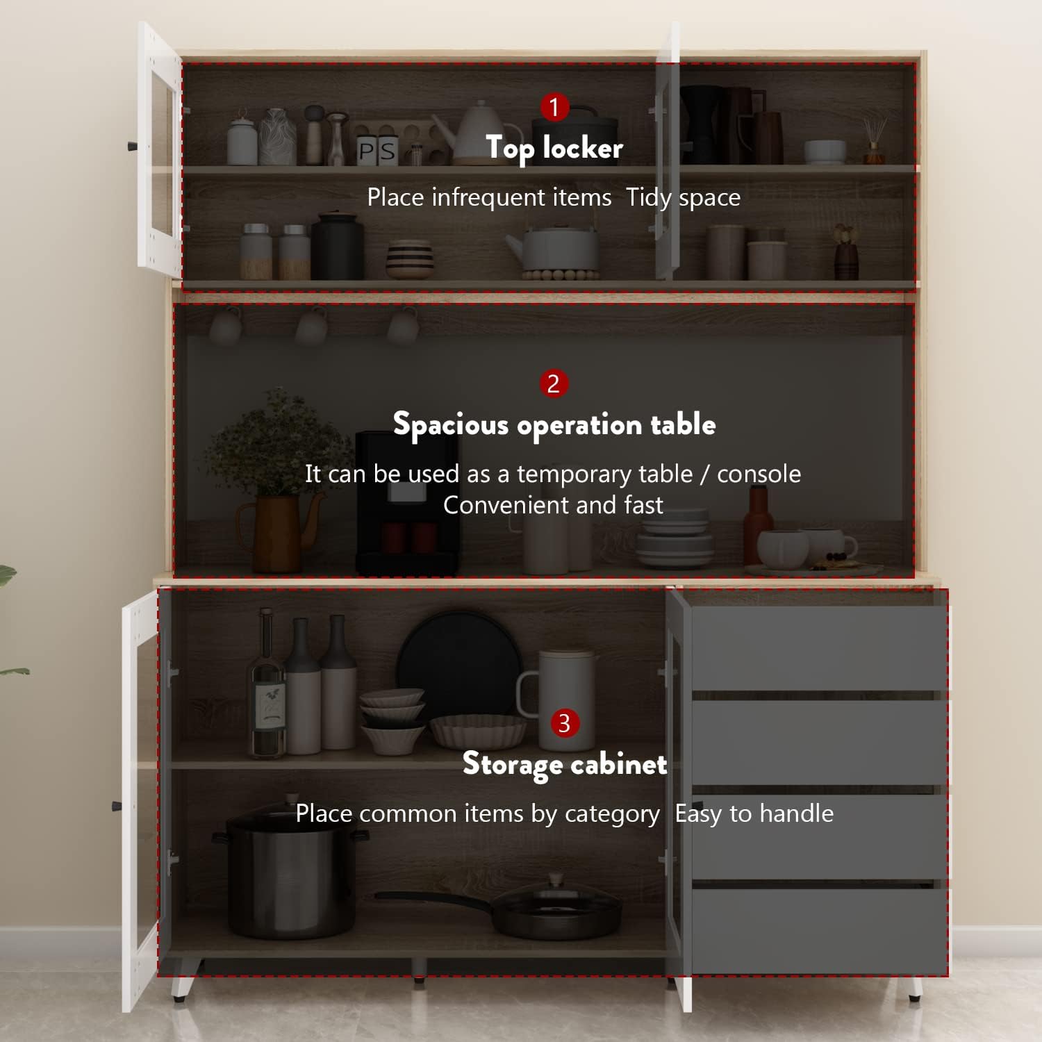 AGOTENI Large Kitchen Hutch Cabinet, Storage Cupboard Pantry with 4 Glass Doors, 4 Drawers & Microwave Shelf, for Kitchen Open Storage, White/Oak (63' W x 15.7' D x 74.8' H)