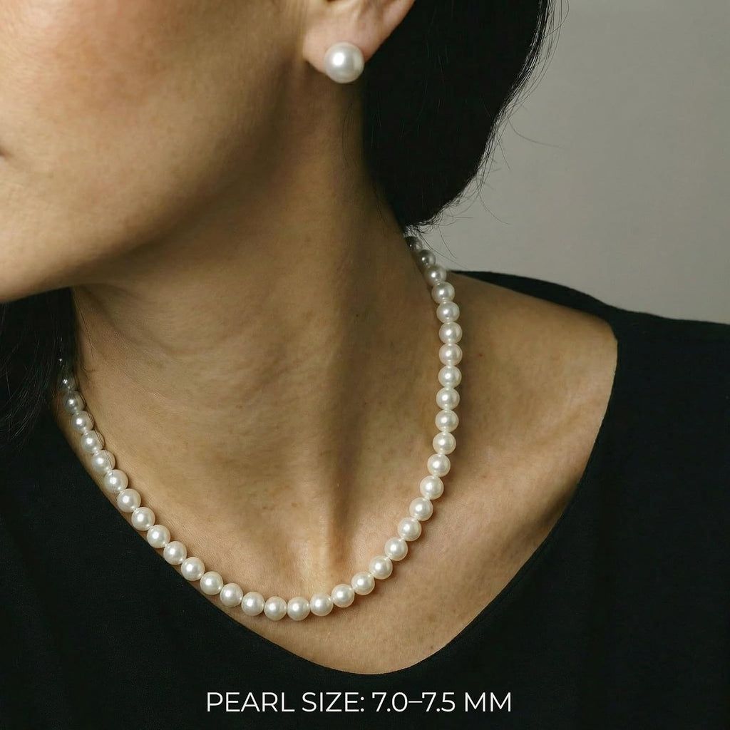 The Pearl Source Real Freshwater Pearl Necklace for Women, Round White Genuine Cultured Freshwater Pearls, Classic Single Strand Pearl Necklace, Sterling Silver Fishhook Clasp
