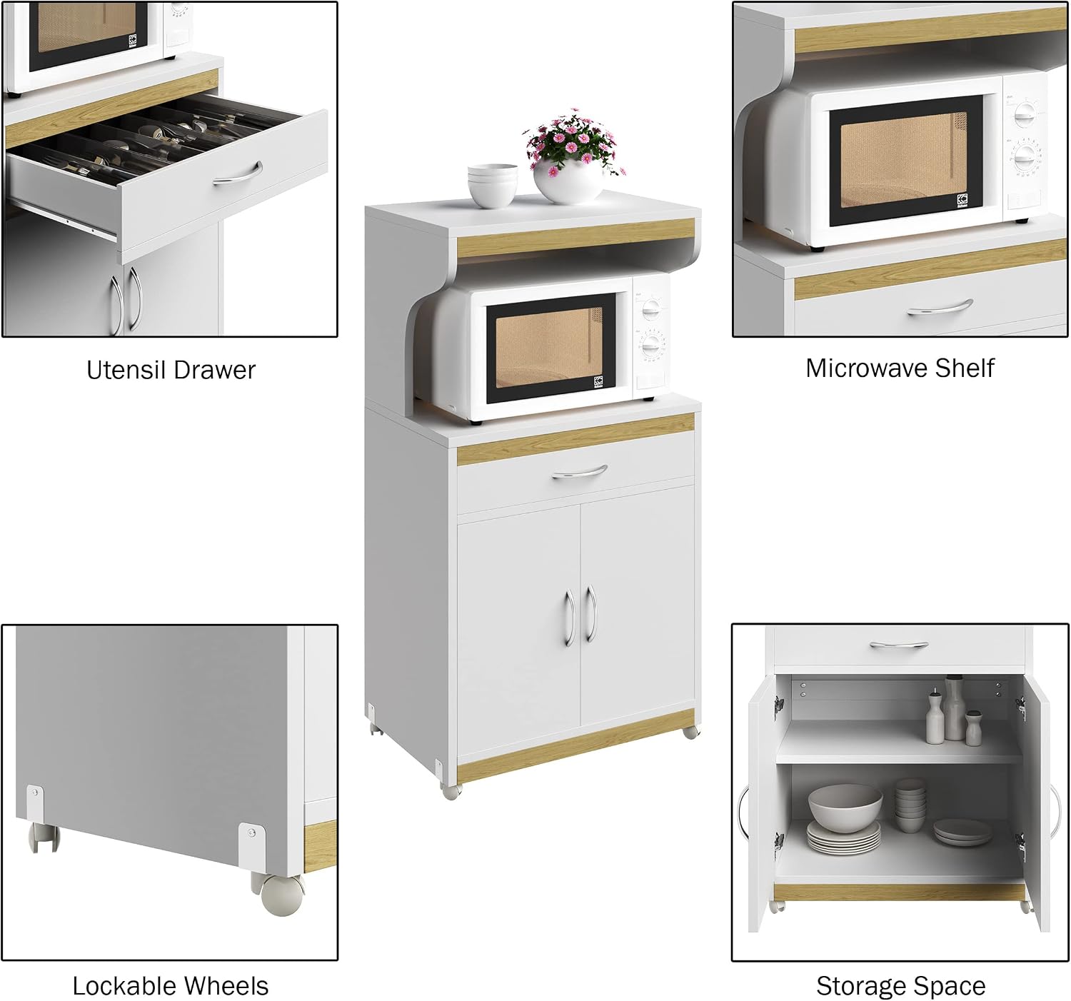 Microwave Stand with Storage – Rolling White Cabinet with Doors, Drawer, and Locking Wheels – Freestanding Wood Cart by Lavish Home (White and Oak)