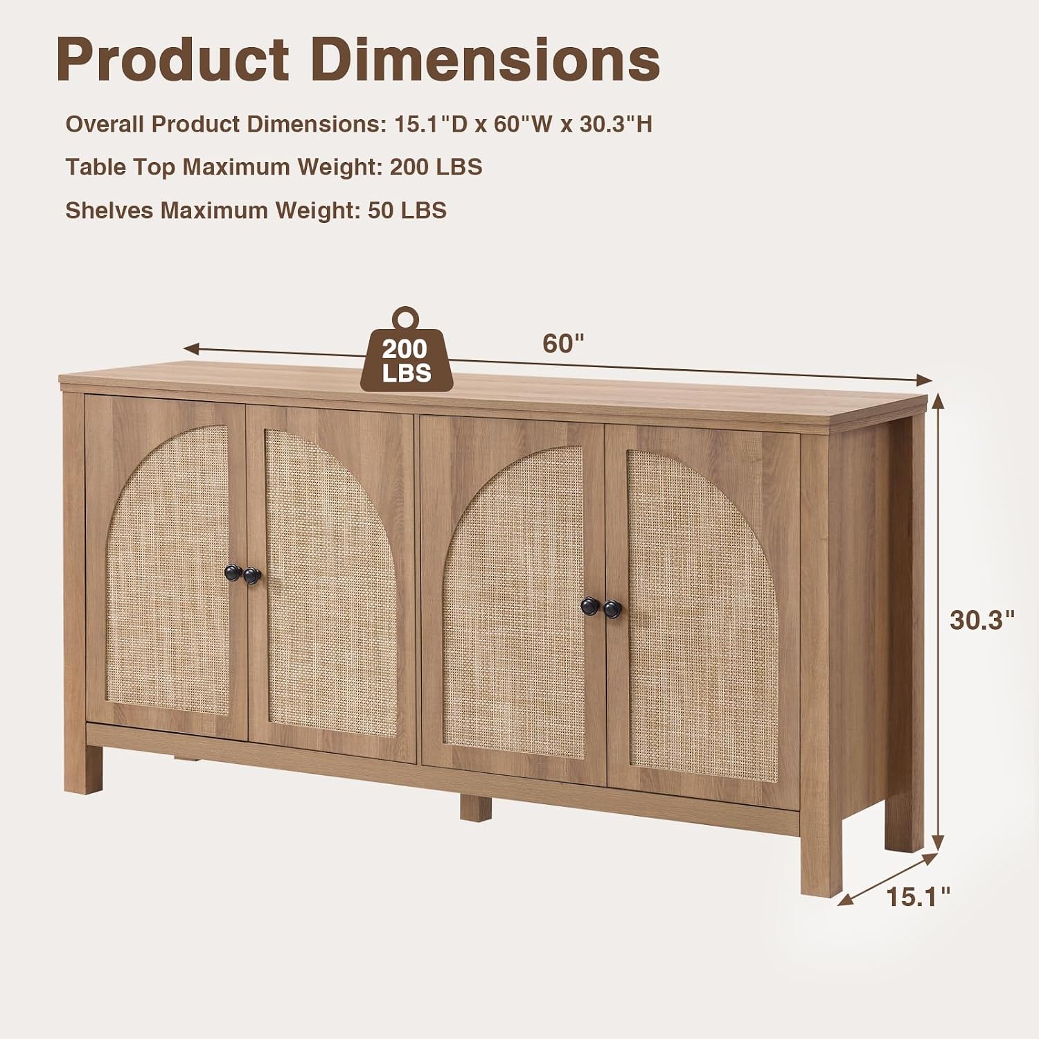 Okvnbjk Rattan Buffet Cabinet with Storage - 4 Soft-Close Doors Sideboard for Dining Room & Living Room, Coffee Bar Cabinet with Adjustable Shelves