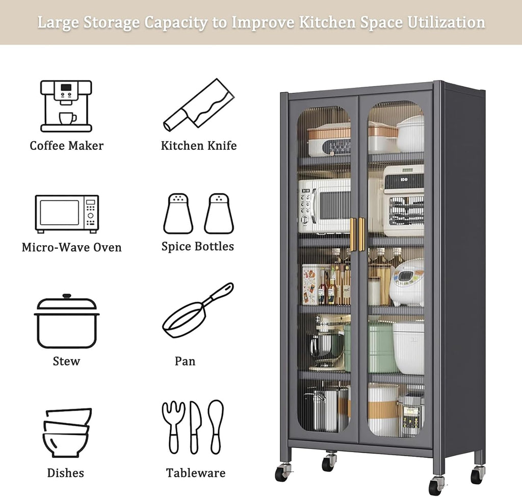 Kitchen Pantry Storage Cabinet, 6 Tier 65' H Metal Sideboard with Wheels and Acrylic Glass Door, Modern Kitchen Storage Rack for Home, Office,Pantry