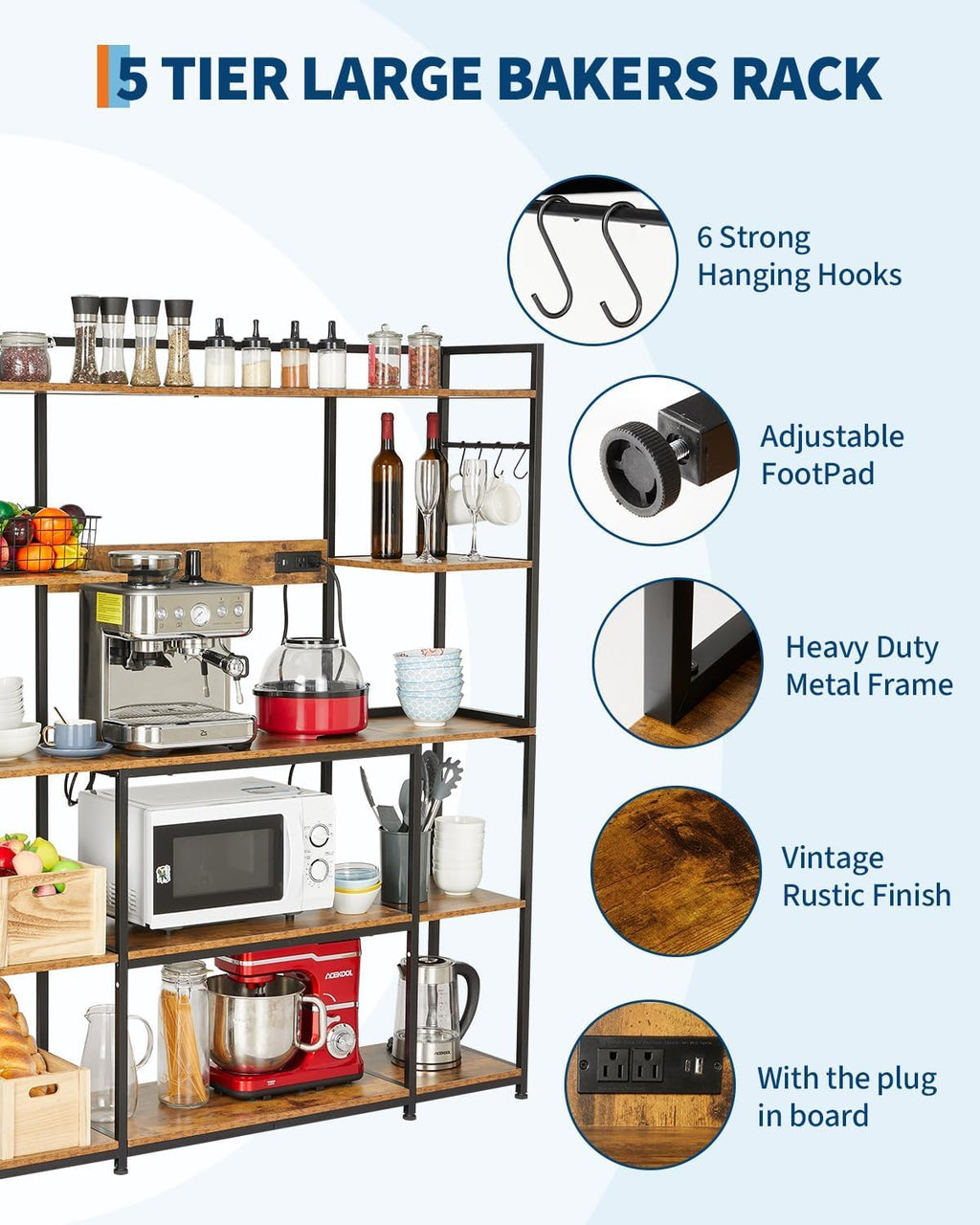 TrailBlaze Rustic Brown Kitchen Bakers Rack with Power Outlet – 4-Tier Microwave Oven Stand & Storage Shelf – Coffee Bar Table with 6 S Hooks for Spices & Pots – Multifunctional