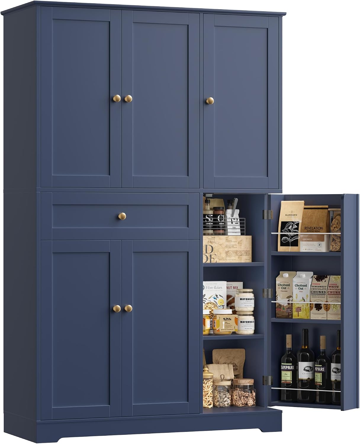 HOSTACK 68' Tall Kitchen Pantry Storage Cabinet, Modern Kitchen Hutch Cabinet with Doors and Shelves, Freestanding Food Pantry with Large Storage Drawer for Dining Room, Living Room, Navy Blue