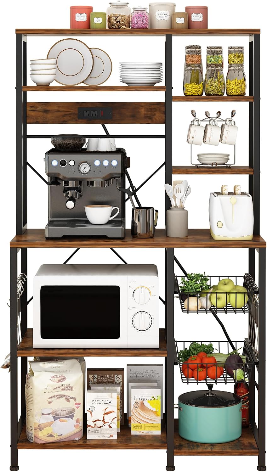 Large Bakers Rack with Power Outlets, 6-Tier Microwave Stand with 10 S Hooks, Kitchen Storage Shelf with Wire Basket, Coffee Bar Station for Kitchen and Dining Room, Rustic Brown